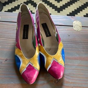 Vintage Stuart Weitzman Multicolor Leather Pointed-Toe Flats - Pink Yellow Blue